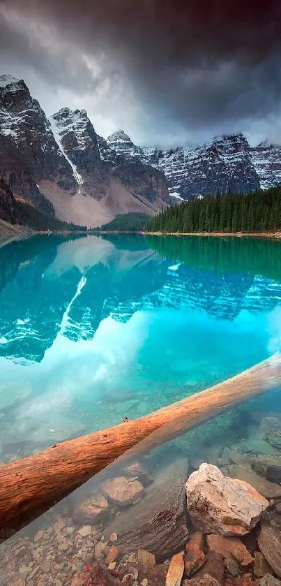 Turquoise lake with mountains and forest reflections in a serene landscape.