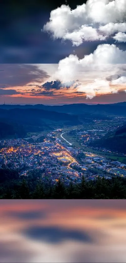 Twilight view of a cityscape nestled in rolling hills under a vibrant sky with clouds.