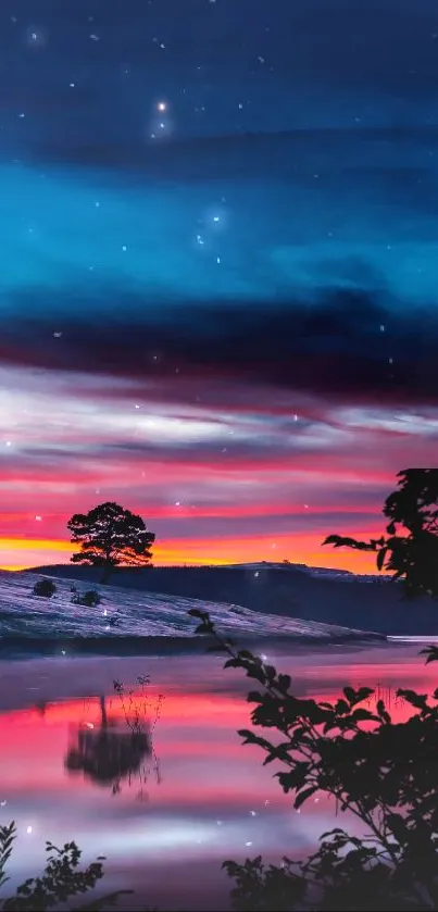 Twilight landscape with lake and tree silhouette under a colorful sky.