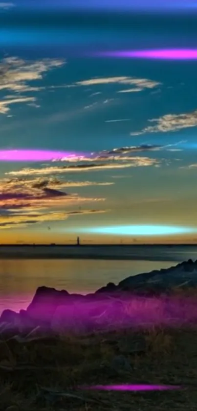 Twilight seashore with neon lights in a stunning landscape wallpaper.