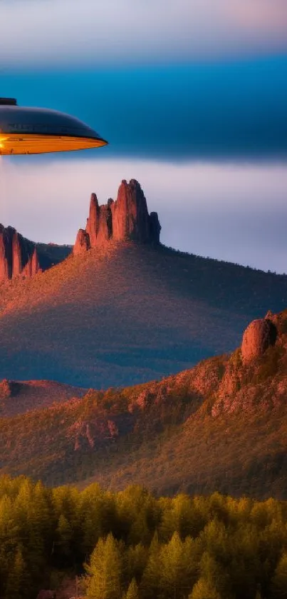 UFO hovering over a scenic mountain landscape at sunset.