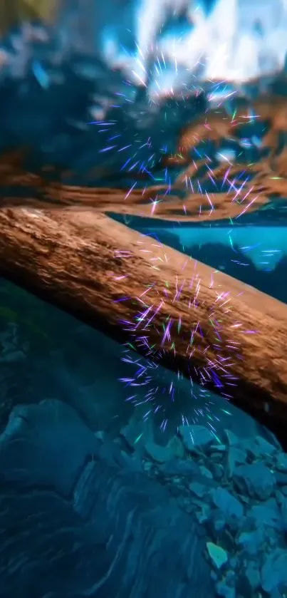 Underwater scene with lights and log, perfect for wallpapers.