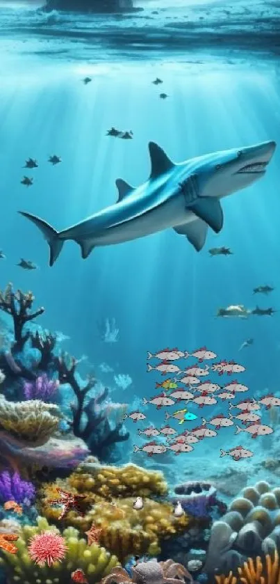 Underwater seascape with shark and coral reef, vibrant ocean life depicted.