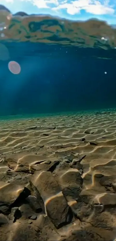 Underwater landscape with aquamarine hues and rocky seabed.