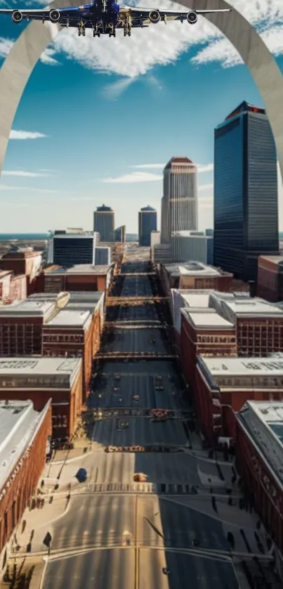 Urban skyline with arch and airplane overhead.