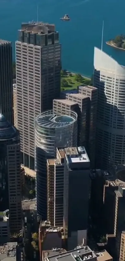 Aerial view of city skyscrapers with waterfront.