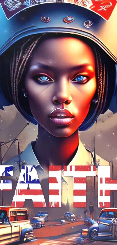 Futuristic woman with helmet in urban scene and 'FAITH' in bold letters.