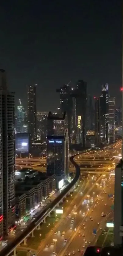 Nighttime cityscape with illuminated skyscrapers and busy roads, perfect for mobile wallpaper.