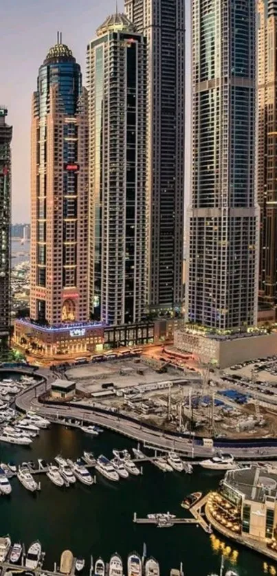 Urban skyline with skyscrapers and marina.