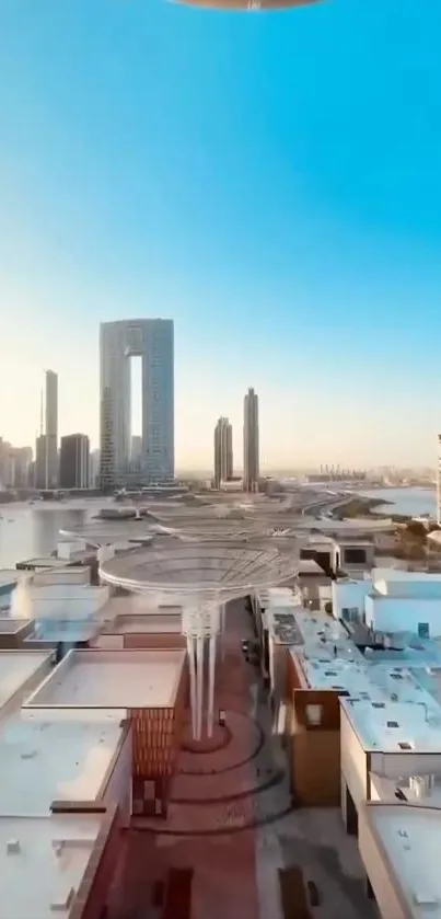 Stunning urban skyline with skyscrapers and blue sky.