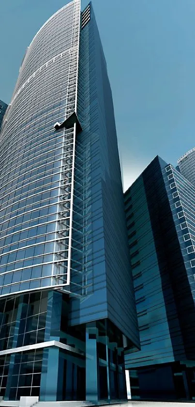 Tall modern skyscrapers under a clear blue sky, showcasing urban architecture.
