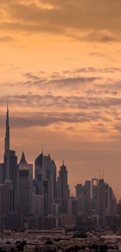 City skyline at sunset with orange sky and skyscrapers.