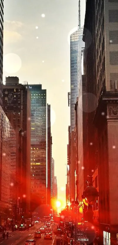 Sunset casting warm light over a city's skyline.