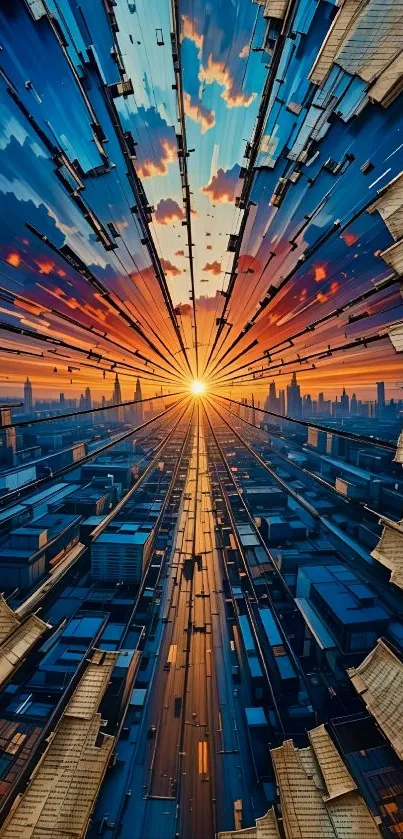 Vibrant urban sunset over cityscape with blue sky and sun rays.