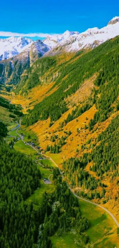 A serene view of green valleys and snow-capped mountains.