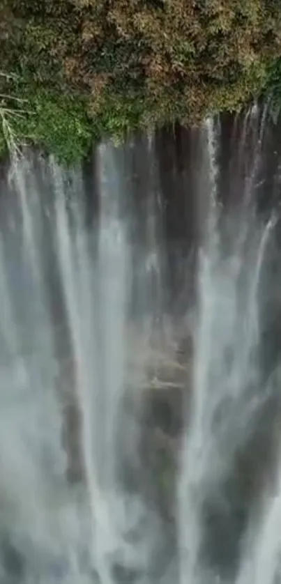 Majestic vertical waterfall with lush green surroundings and cascading water.