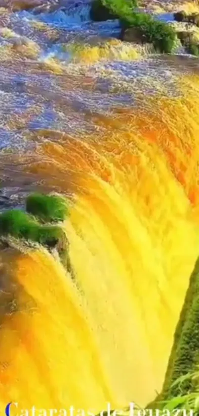 Vibrant yellow waterfall cascading with lush greenery.