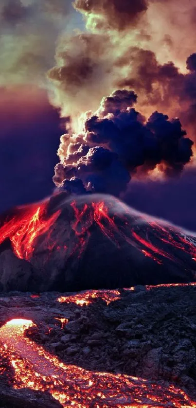 A vibrant volcanic eruption with flowing lava and dark smoke clouds under a dramatic sky.