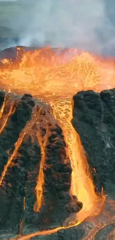 Orange lava flows from a volcanic eruption, creating a striking visual display.