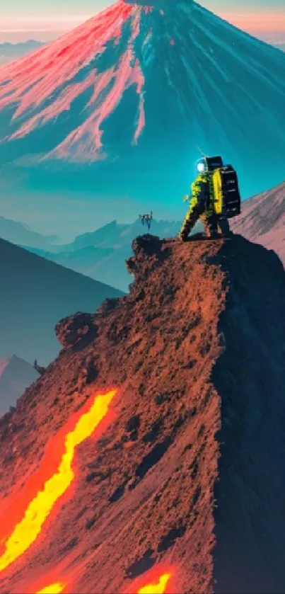 Explorer scaling a vibrant volcanic mountain at sunrise.