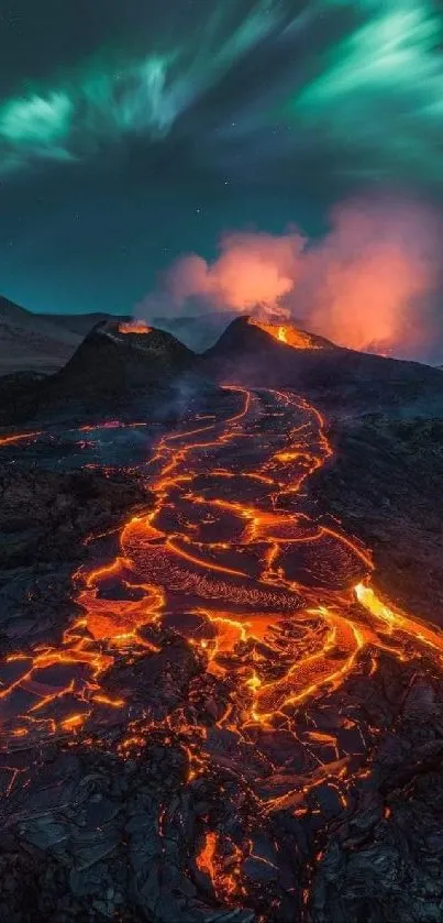 Volcanic landscape with lava and aurora in a stunning mobile wallpaper.