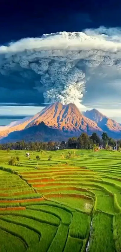 Dramatic volcanic eruption over lush green fields under a vibrant sky.