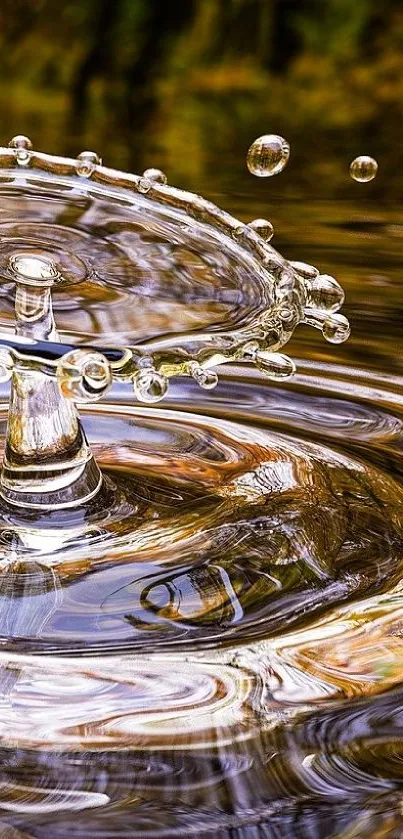 Close-up of stunning water droplet art with reflections and ripples in brown tones.