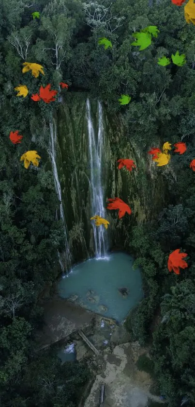 Aerial view of a waterfall with lush green forest.