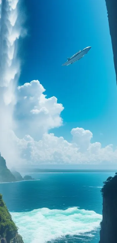 Mobile wallpaper featuring a waterfall, jet, and vibrant blue sky.