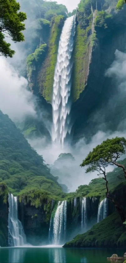 Majestic waterfall amidst lush green forest and misty atmosphere.