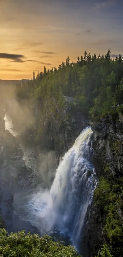 Waterfall cascading through forest at sunset.