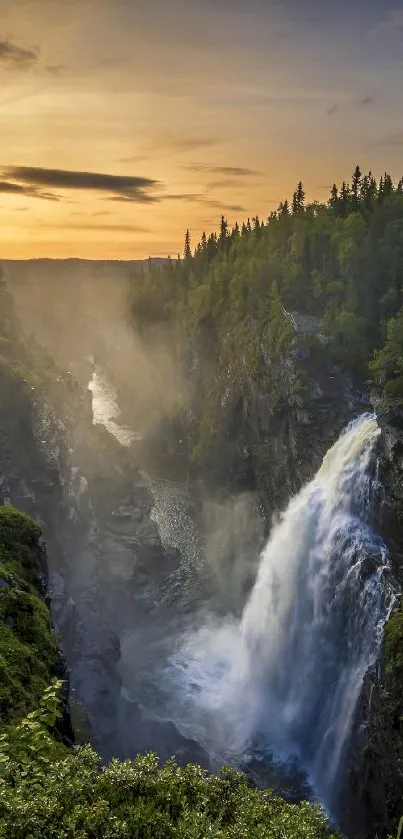 Waterfall cascading through lush green cliffs at sunset.