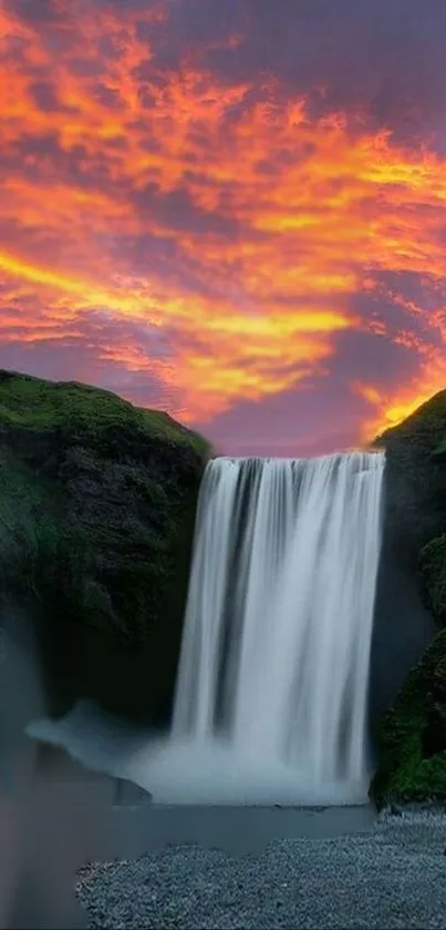 Waterfall with sunset sky creating a stunning serene landscape.