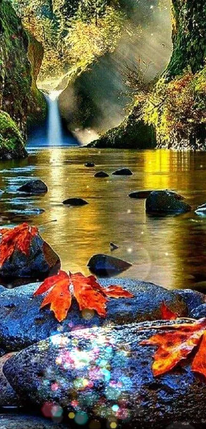 Scenic waterfall in an autumn forest with vibrant leaves and tranquil water.