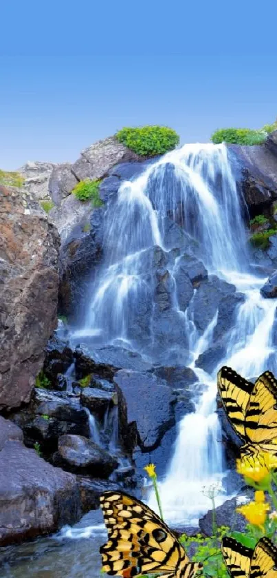 Vibrant butterflies flutter by a cascading waterfall and lush greenery.