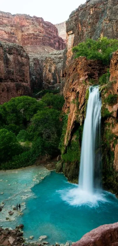 Majestic waterfall in canyon with turquoise pool and greenery.