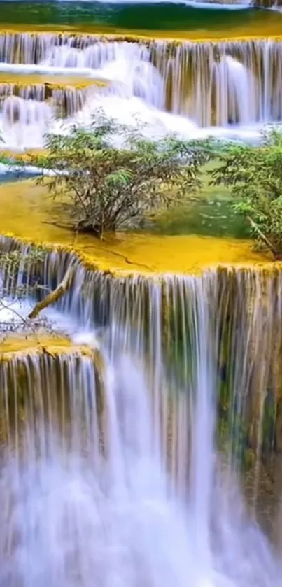 A beautiful cascading waterfall surrounded by vibrant green foliage.