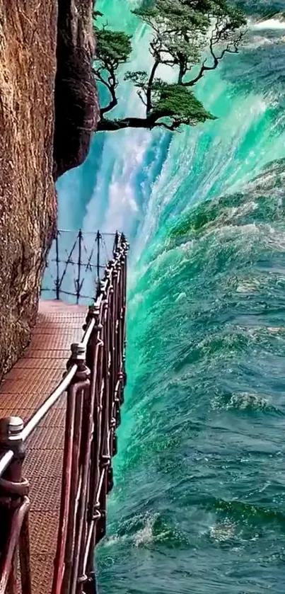 Stunning waterfall by a cliff with a scenic path.