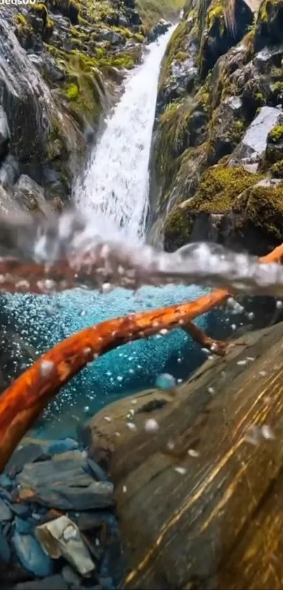 Dual view of waterfall and underwater scene with moss and rocks.