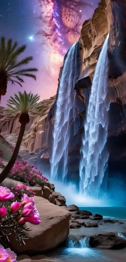 Surreal galaxy and waterfall scene with flowers under a starry night sky.