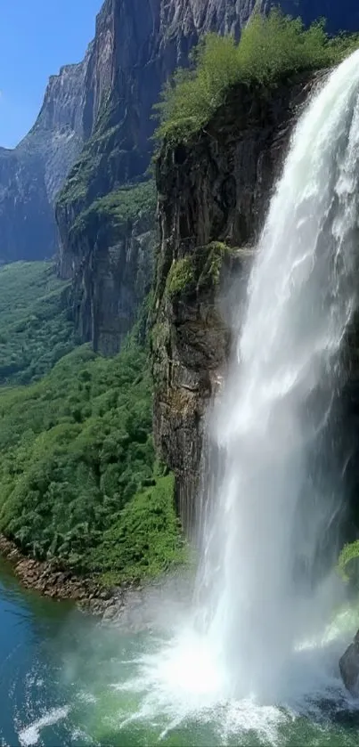 A breathtaking waterfall in a lush, green valley with towering cliffs.