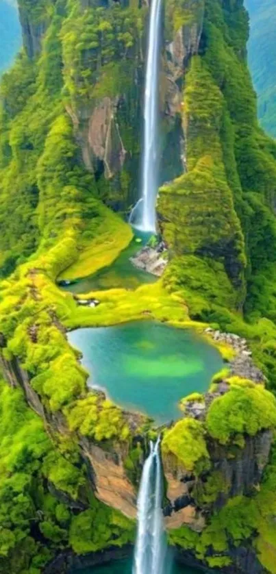 A vibrant island with waterfalls and lush greenery