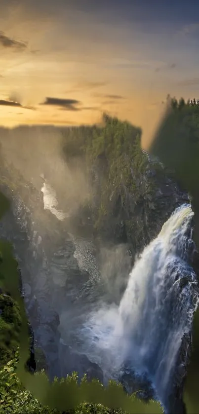 Majestic waterfall cascading between lush green cliffs at sunset.