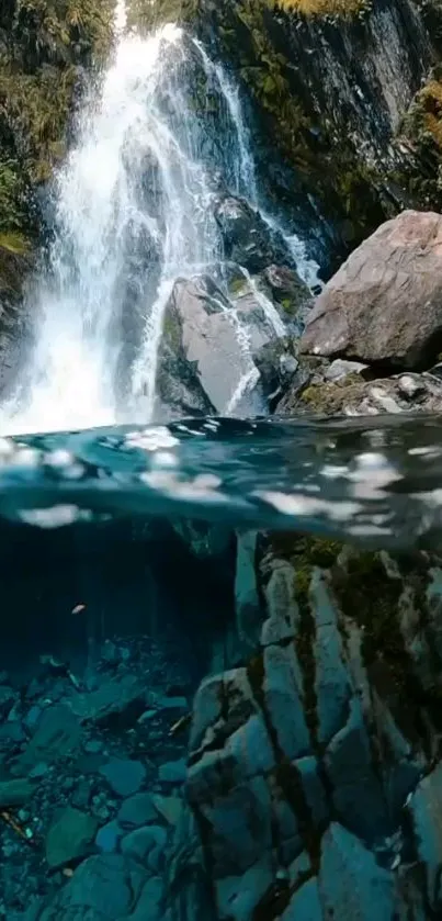 Waterfall cascading in forest scene with blue water.