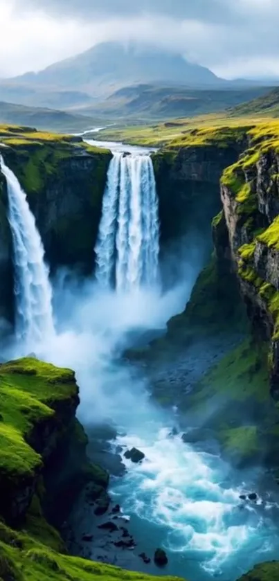 Majestic waterfall surrounded by lush green cliffs