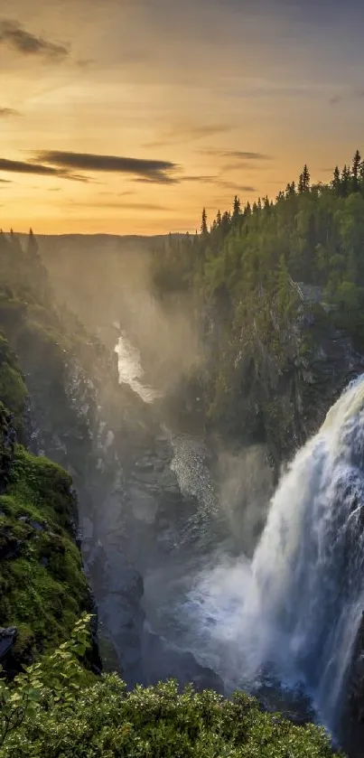 Waterfall cascading through a lush forest at sunrise, surrounded by mist.