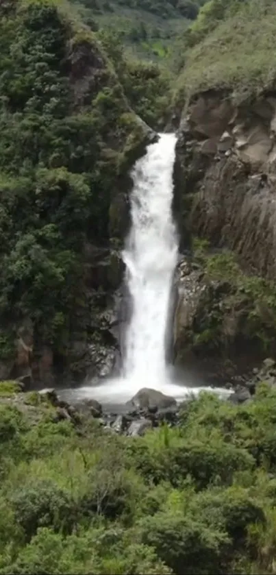 Scenic waterfall cascading amidst lush green foliage in a serene landscape.