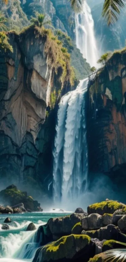 Stunning waterfall with lush foliage and majestic cliffs in serene landscape.