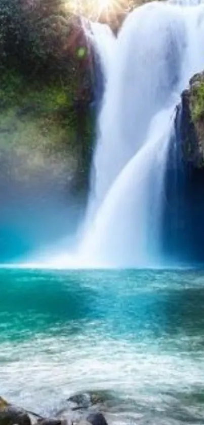 Stunning waterfall surrounded by vibrant greenery and turquoise waters.