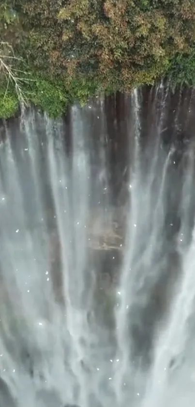 Aerial view of majestic waterfall with mist and lush greenery.